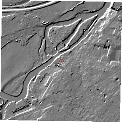 Shaded relief map of the ground around NG244UH, computed from Environment Agency LiDAR. The ground here sits at about 13 m above sea level and falls 12 m across the surrounding 800 m. Surface water reaching this point runs off ground lying to the south, 4.1 m higher.