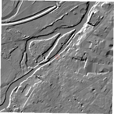 Shaded relief map of the ground around NG244UL, computed from Environment Agency LiDAR. The ground here sits at about 11 m above sea level and falls 12 m across the surrounding 800 m. Surface water reaching this point runs off ground lying to the east-north-east, 10.1 m higher.