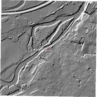 Shaded relief map of the ground around NG244US, computed from Environment Agency LiDAR. The ground here sits at about 12 m above sea level and falls 12 m across the surrounding 800 m. Surface water reaching this point runs off ground lying to the east-north-east, 10.1 m higher.