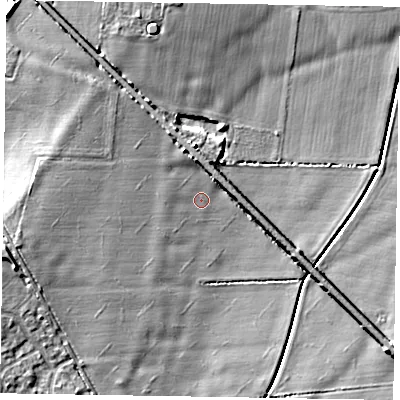 Shaded relief map of the ground around NG245AA, computed from Environment Agency LiDAR. The ground here sits at about 15 m above sea level and falls 9 m across the surrounding 800 m. Surface water reaching this point runs off ground lying to the west, 1.9 m higher.