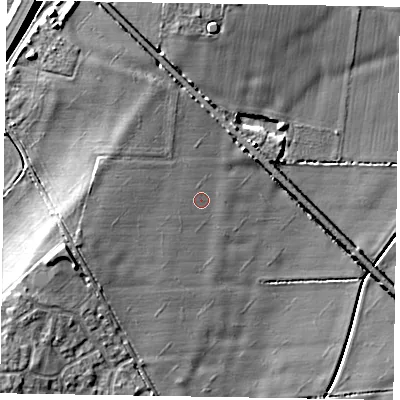 Shaded relief map of the ground around NG245AB, computed from Environment Agency LiDAR. The ground here sits at about 16 m above sea level and falls 11 m across the surrounding 800 m. Surface water reaching this point runs off ground lying to the west-north-west, 2.9 m higher.