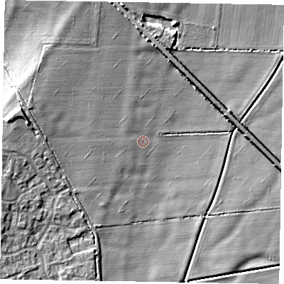 Shaded relief map of the ground around NG245AD, computed from Environment Agency LiDAR. The ground here sits at about 15 m above sea level and falls 9 m across the surrounding 800 m. Surface water reaching this point runs off ground lying to the west-north-west, 4.9 m higher.