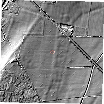 Shaded relief map of the ground around NG245AE, computed from Environment Agency LiDAR. The ground here sits at about 16 m above sea level and falls 10 m across the surrounding 800 m. Surface water reaching this point runs off ground lying to the west, 3.5 m higher.