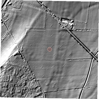 Shaded relief map of the ground around NG245AF, computed from Environment Agency LiDAR. The ground here sits at about 16 m above sea level and falls 9 m across the surrounding 800 m. Surface water reaching this point runs off ground lying to the west-north-west, 2.2 m higher.