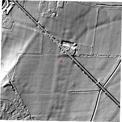 Shaded relief map of the ground around NG245AG, computed from Environment Agency LiDAR. The ground here sits at about 16 m above sea level and falls 12 m across the surrounding 800 m. Surface water reaching this point runs off ground lying to the west-north-west, 3.2 m higher.