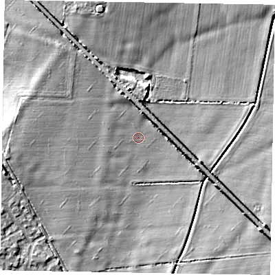 Shaded relief map of the ground around NG245AH, computed from Environment Agency LiDAR. The ground here sits at about 14 m above sea level and falls 9 m across the surrounding 800 m. Surface water reaching this point runs off ground lying to the west, 4.9 m higher.
