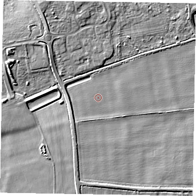 Shaded relief map of the ground around NG245AJ, computed from Environment Agency LiDAR. The ground here sits at about 18 m above sea level and falls 10 m across the surrounding 800 m. Surface water reaching this point runs off ground lying to the south-west, 1.5 m higher.