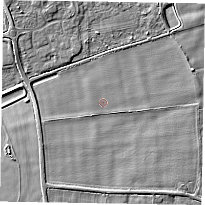 Shaded relief map of the ground around NG245AT, computed from Environment Agency LiDAR. The ground here sits at about 17 m above sea level and falls 9 m across the surrounding 800 m. Surface water reaching this point runs off ground lying to the west-south-west, 2.3 m higher.