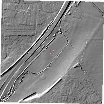 Shaded relief map of the ground around NG245BA, computed from Environment Agency LiDAR. The ground here sits at about 15 m above sea level and falls 10 m across the surrounding 800 m. Surface water reaching this point runs off ground lying to the north-west, 1.4 m higher.
