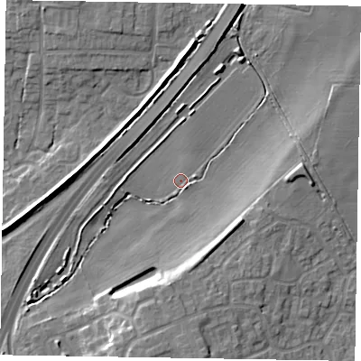 Shaded relief map of the ground around NG245BB, computed from Environment Agency LiDAR. The ground here sits at about 15 m above sea level and falls 10 m across the surrounding 800 m. Surface water reaching this point runs off ground lying to the south, 8.2 m higher.