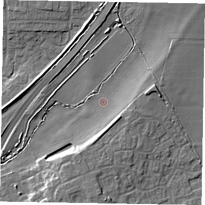 Shaded relief map of the ground around NG245BG, computed from Environment Agency LiDAR. The ground here sits at about 15 m above sea level and falls 10 m across the surrounding 800 m. Surface water reaching this point runs off ground lying to the south-east, 6.3 m higher.