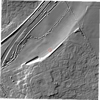 Shaded relief map of the ground around NG245BJ, computed from Environment Agency LiDAR. The ground here sits at about 17 m above sea level and falls 10 m across the surrounding 800 m. Surface water reaching this point runs off ground lying to the south-south-east, 5.1 m higher.