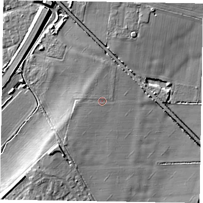 Shaded relief map of the ground around NG245BN, computed from Environment Agency LiDAR. The ground here sits at about 17 m above sea level and falls 12 m across the surrounding 800 m. Surface water reaching this point runs off ground lying to the west, 1.3 m higher.
