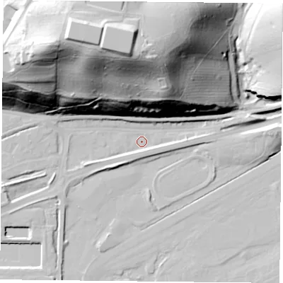 Shaded relief map of the ground around NG24BG, computed from Environment Agency LiDAR. The ground here sits at about 22 m above sea level and falls 75 m across the surrounding 800 m. Surface water reaching this point runs off ground lying to the east-north-east, 6.0 m higher.