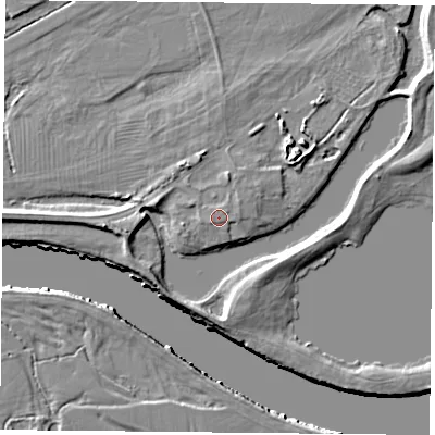 Shaded relief map of the ground around NG24BH, computed from Environment Agency LiDAR. The ground here sits at about 23 m above sea level and falls 7 m across the surrounding 800 m. The ground contributing surface water to this point lies to the south-east.