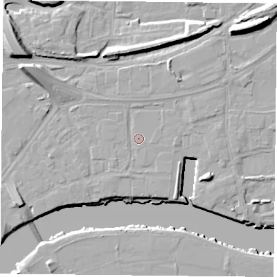 Shaded relief map of the ground around NG24BN, computed from Environment Agency LiDAR. The ground here sits at about 24 m above sea level and falls 16 m across the surrounding 800 m. Surface water reaching this point runs off ground lying to the north, 1.3 m higher.