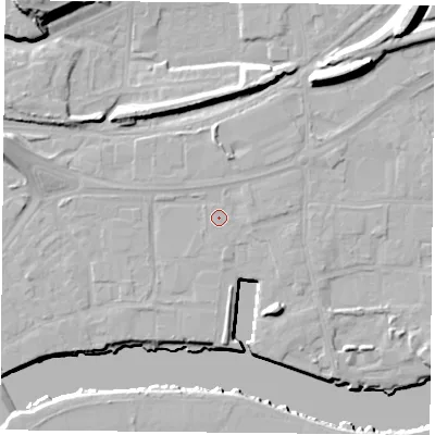 Shaded relief map of the ground around NG24DG, computed from Environment Agency LiDAR. The ground here sits at about 24 m above sea level and falls 22 m across the surrounding 800 m. The ground contributing surface water to this point lies to the south-west.