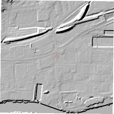 Shaded relief map of the ground around NG24DH, computed from Environment Agency LiDAR. The ground here sits at about 24 m above sea level and falls 17 m across the surrounding 800 m. Surface water reaching this point runs off ground lying to the north-east, 1.0 m higher.