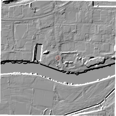 Shaded relief map of the ground around NG24DL, computed from Environment Agency LiDAR. The ground here sits at about 25 m above sea level and falls 12 m across the surrounding 800 m. Surface water reaching this point runs off ground lying to the west-north-west, 5.4 m higher.