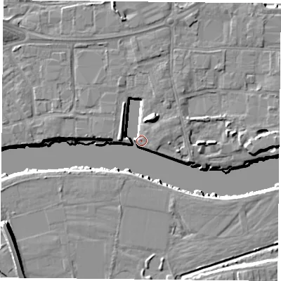 Shaded relief map of the ground around NG24DQ, computed from Environment Agency LiDAR. The ground here sits at about 24 m above sea level and falls 12 m across the surrounding 800 m. Surface water reaching this point runs off ground lying to the north-north-east, 11.5 m higher.