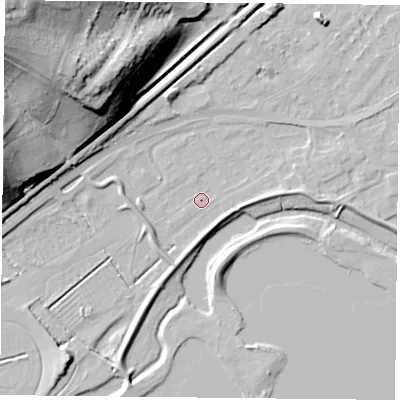 Shaded relief map of the ground around NG24DX, computed from Environment Agency LiDAR. The ground here sits at about 21 m above sea level and falls 49 m across the surrounding 800 m. Surface water reaching this point runs off ground lying to the east, 3.3 m higher.