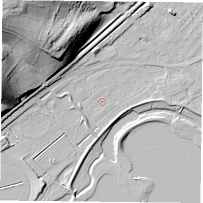 Shaded relief map of the ground around NG24DY, computed from Environment Agency LiDAR. The ground here sits at about 21 m above sea level and falls 50 m across the surrounding 800 m. Surface water reaching this point runs off ground lying to the east, 3.3 m higher.