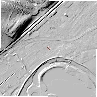 Shaded relief map of the ground around NG24DZ, computed from Environment Agency LiDAR. The ground here sits at about 21 m above sea level and falls 43 m across the surrounding 800 m. Surface water reaching this point runs off ground lying to the east-south-east, 3.3 m higher.