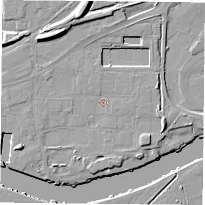 Shaded relief map of the ground around NG24EL, computed from Environment Agency LiDAR. The ground here sits at about 24 m above sea level and falls 17 m across the surrounding 800 m. Surface water reaching this point runs off ground lying to the east-south-east, 8.2 m higher.