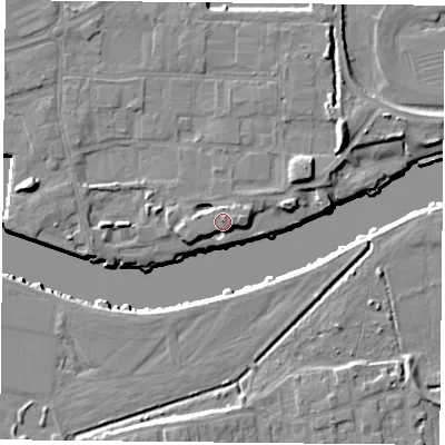 Shaded relief map of the ground around NG24RE, computed from Environment Agency LiDAR. The ground here sits at about 26 m above sea level and falls 12 m across the surrounding 800 m. Surface water reaching this point runs off ground lying to the north-north-east, 0.6 m higher.
