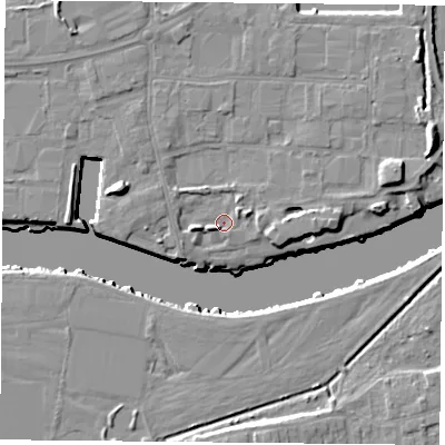 Shaded relief map of the ground around NG24RS, computed from Environment Agency LiDAR. The ground here sits at about 23 m above sea level and falls 12 m across the surrounding 800 m. Surface water reaching this point runs off ground lying to the east-north-east, 8.2 m higher.