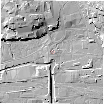 Shaded relief map of the ground around NG24UU, computed from Environment Agency LiDAR. The ground here sits at about 26 m above sea level and falls 27 m across the surrounding 800 m. Surface water reaching this point runs off ground lying to the west, 0.9 m higher.