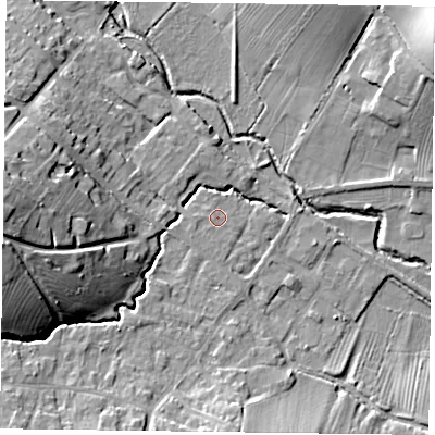 Shaded relief map of the ground around NG250ED, computed from Environment Agency LiDAR. The ground here sits at about 24 m above sea level and falls 20 m across the surrounding 800 m. Surface water reaching this point runs off ground lying to the south-west, 1.0 m higher.