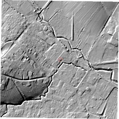 Shaded relief map of the ground around NG250EE, computed from Environment Agency LiDAR. The ground here sits at about 25 m above sea level and falls 23 m across the surrounding 800 m. Surface water reaching this point runs off ground lying to the west-south-west, 3.4 m higher.