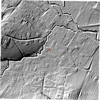 Shaded relief map of the ground around NG250EF, computed from Environment Agency LiDAR. The ground here sits at about 25 m above sea level and falls 24 m across the surrounding 800 m. Surface water reaching this point runs off ground lying to the west-north-west, 1.0 m higher.
