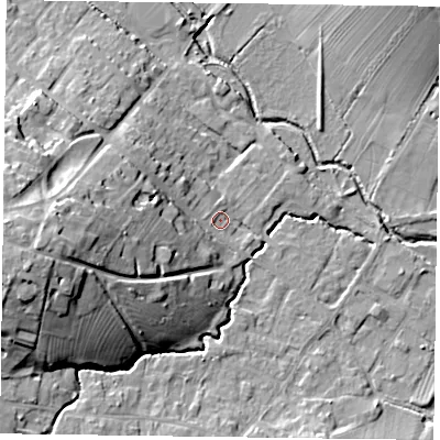 Shaded relief map of the ground around NG250ES, computed from Environment Agency LiDAR. The ground here sits at about 25 m above sea level and falls 25 m across the surrounding 800 m. Surface water reaching this point runs off ground lying to the west, 3.4 m higher.