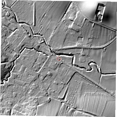 Shaded relief map of the ground around NG250FT, computed from Environment Agency LiDAR. The ground here sits at about 23 m above sea level and falls 27 m across the surrounding 800 m. Surface water reaching this point runs off ground lying to the north-east, 24.7 m higher.
