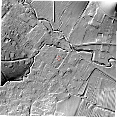 Shaded relief map of the ground around NG250GB, computed from Environment Agency LiDAR. The ground here sits at about 23 m above sea level and falls 22 m across the surrounding 800 m. Surface water reaching this point runs off ground lying to the west, 13.8 m higher.