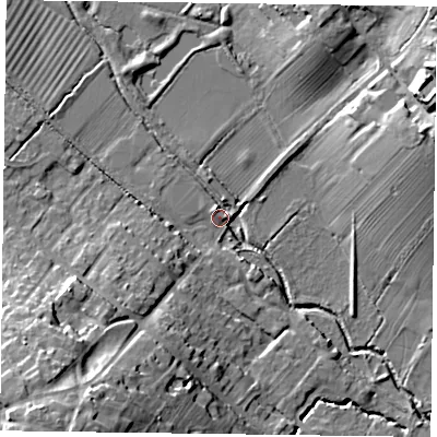 Shaded relief map of the ground around NG250GL, computed from Environment Agency LiDAR. The ground here sits at about 24 m above sea level and falls 24 m across the surrounding 800 m. Surface water reaching this point runs off ground lying to the south-west, 19.7 m higher.