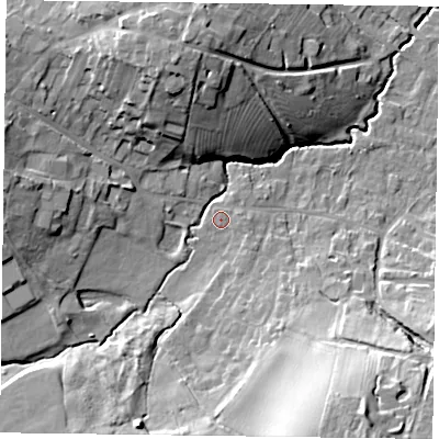 Shaded relief map of the ground around NG250HG, computed from Environment Agency LiDAR. The ground here sits at about 28 m above sea level and falls 27 m across the surrounding 800 m. Surface water reaching this point runs off ground lying to the east-south-east, 0.8 m higher.