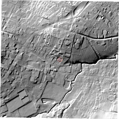 Shaded relief map of the ground around NG250HQ, computed from Environment Agency LiDAR. The ground here sits at about 32 m above sea level and falls 25 m across the surrounding 800 m. Surface water reaching this point runs off ground lying to the north-north-east, 15.0 m higher.