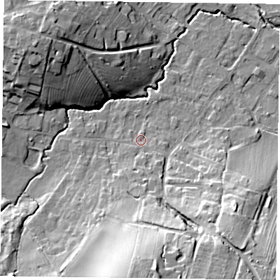 Shaded relief map of the ground around NG250HY, computed from Environment Agency LiDAR. The ground here sits at about 26 m above sea level and falls 28 m across the surrounding 800 m. Surface water reaching this point runs off ground lying to the south, 11.6 m higher.