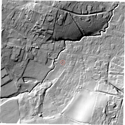 Shaded relief map of the ground around NG250JD, computed from Environment Agency LiDAR. The ground here sits at about 28 m above sea level and falls 27 m across the surrounding 800 m. Surface water reaching this point runs off ground lying to the south-south-east, 20.4 m higher.