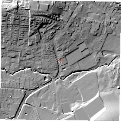 Shaded relief map of the ground around NG250LG, computed from Environment Agency LiDAR. The ground here sits at about 34 m above sea level and falls 34 m across the surrounding 800 m. Surface water reaching this point runs off ground lying to the north-north-west, 26.3 m higher.