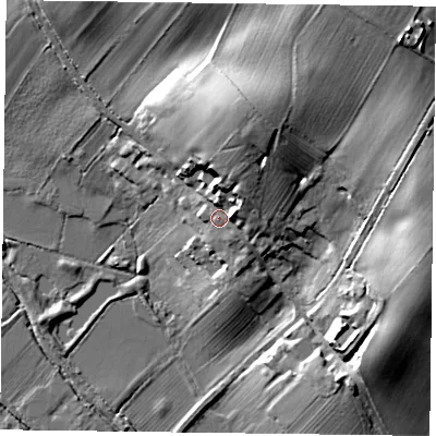 Shaded relief map of the ground around NG250PR, computed from Environment Agency LiDAR. The ground here sits at about 33 m above sea level and falls 32 m across the surrounding 800 m. Surface water reaching this point runs off ground lying to the north-north-east, 13.2 m higher.