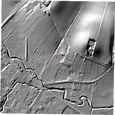 Shaded relief map of the ground around NG250PT, computed from Environment Agency LiDAR. The ground here sits at about 25 m above sea level and falls 31 m across the surrounding 800 m. Surface water reaching this point runs off ground lying to the east-north-east, 4.7 m higher.