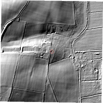 Shaded relief map of the ground around NG250PZ, computed from Environment Agency LiDAR. The ground here sits at about 31 m above sea level and falls 30 m across the surrounding 800 m. Surface water reaching this point runs off ground lying to the west-south-west, 2.5 m higher.