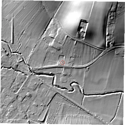 Shaded relief map of the ground around NG250QB, computed from Environment Agency LiDAR. The ground here sits at about 23 m above sea level and falls 31 m across the surrounding 800 m. Surface water reaching this point runs off ground lying to the north-east, 27.5 m higher.