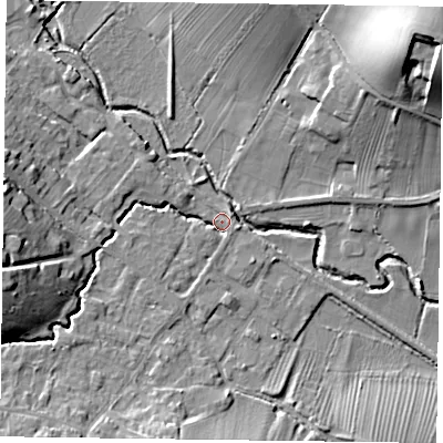 Shaded relief map of the ground around NG250QD, computed from Environment Agency LiDAR. The ground here sits at about 23 m above sea level and falls 26 m across the surrounding 800 m. Surface water reaching this point runs off ground lying to the west, 12.4 m higher.