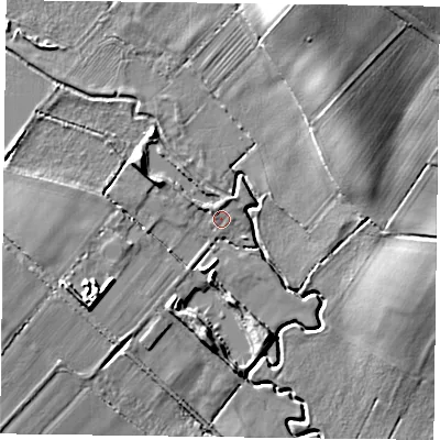 Shaded relief map of the ground around NG250RS, computed from Environment Agency LiDAR. The ground here sits at about 27 m above sea level and falls 20 m across the surrounding 800 m. Surface water reaching this point runs off ground lying to the north-west, 1.3 m higher.