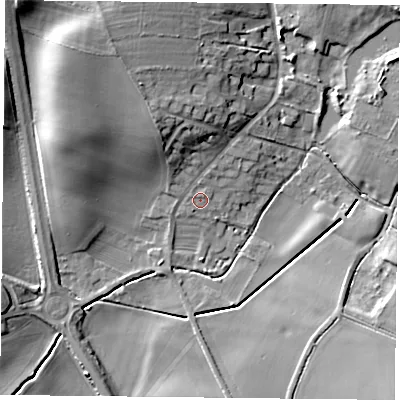 Shaded relief map of the ground around NG250SD, computed from Environment Agency LiDAR. The ground here sits at about 51 m above sea level and falls 16 m across the surrounding 800 m. Surface water reaching this point runs off ground lying to the north, 1.2 m higher.